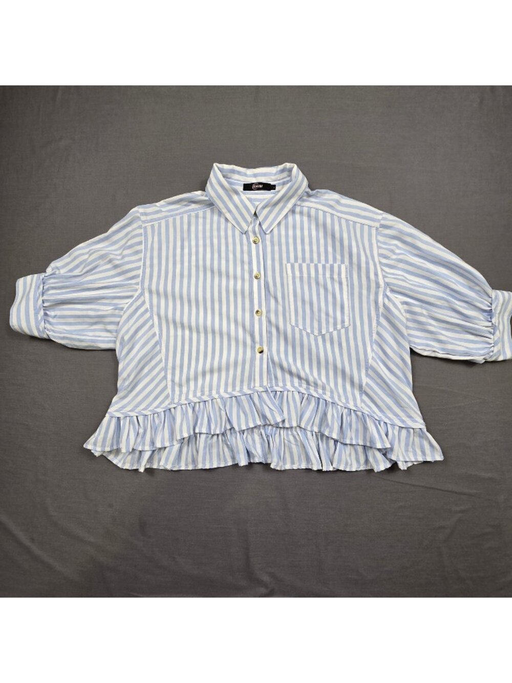 Chyrrii Large Button-Up Striped Blouse Blue Boxy Ruffle Hem Long Sleeve Shirt